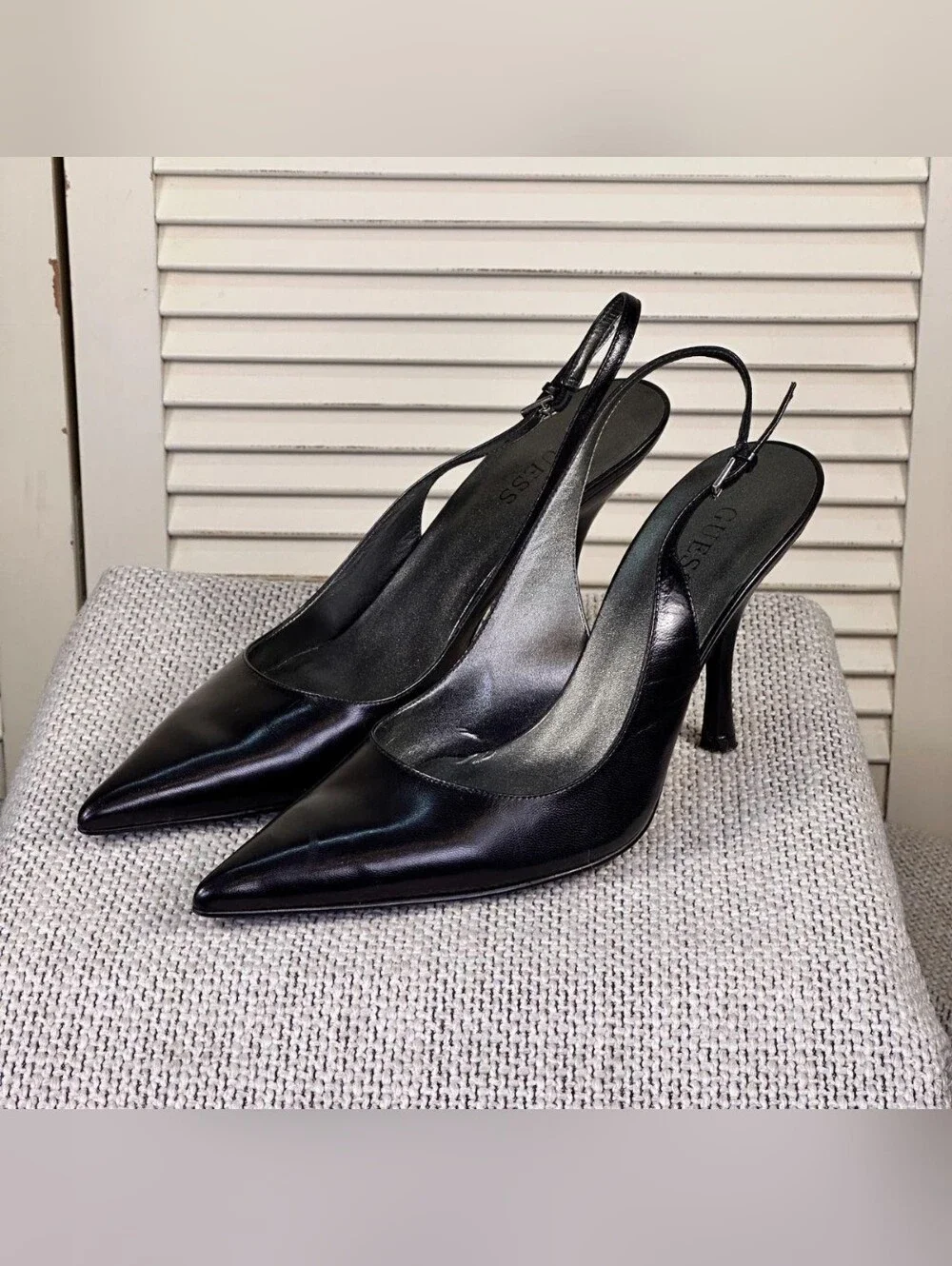 Guess Black Leather Pointed-Toe Slingback Heels